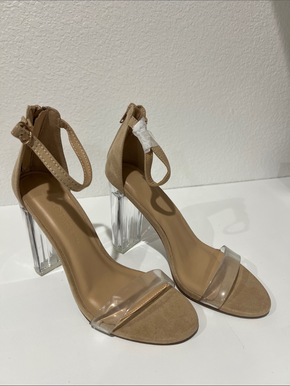 Nude Ankle-Strap Block Heel Sandals with Clear Strap NEW never been worn!